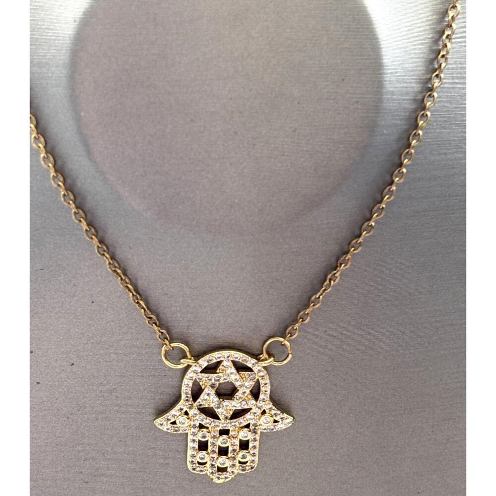 Gold Plated Star Of David Hamsa Necklace With Rhinestone Detailing Chain Length